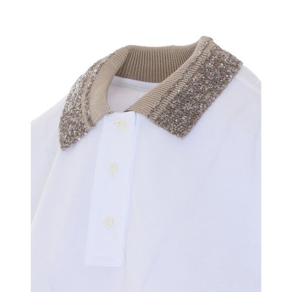 Brunello Cucinelli Women Cotton Jersey Polo Shirt With Dazzling Knit Collar - Picture 3 of 4